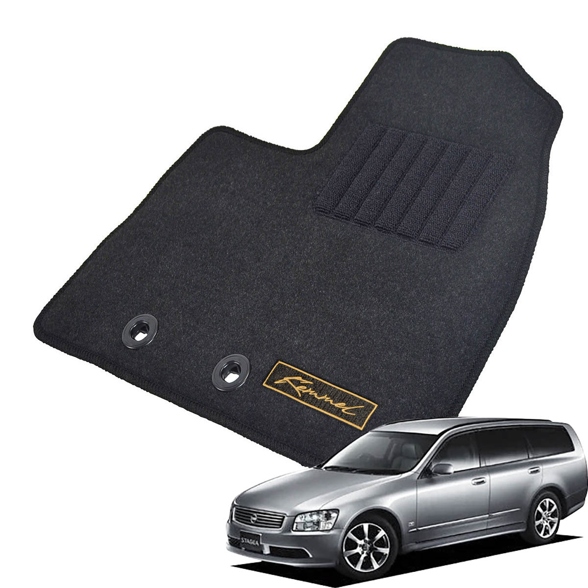 Kemmel 日産 ステージア M35系 後期 H16/8～H19/6 2WD 運・助手席パワーシート有 用フロアマット [全席セット/ロゴ付] [GX/ブラック]