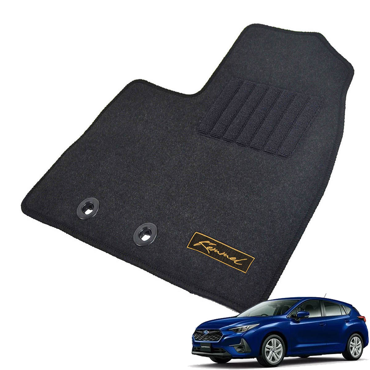Kemmel スバル インプレッサ 運転席床部に留め具なし車（純正ヒネリタイプ固定 R5/4～用 フロアマット [GX生地/ブラック] [全席セット] [刺繍ロゴ付] カーマット