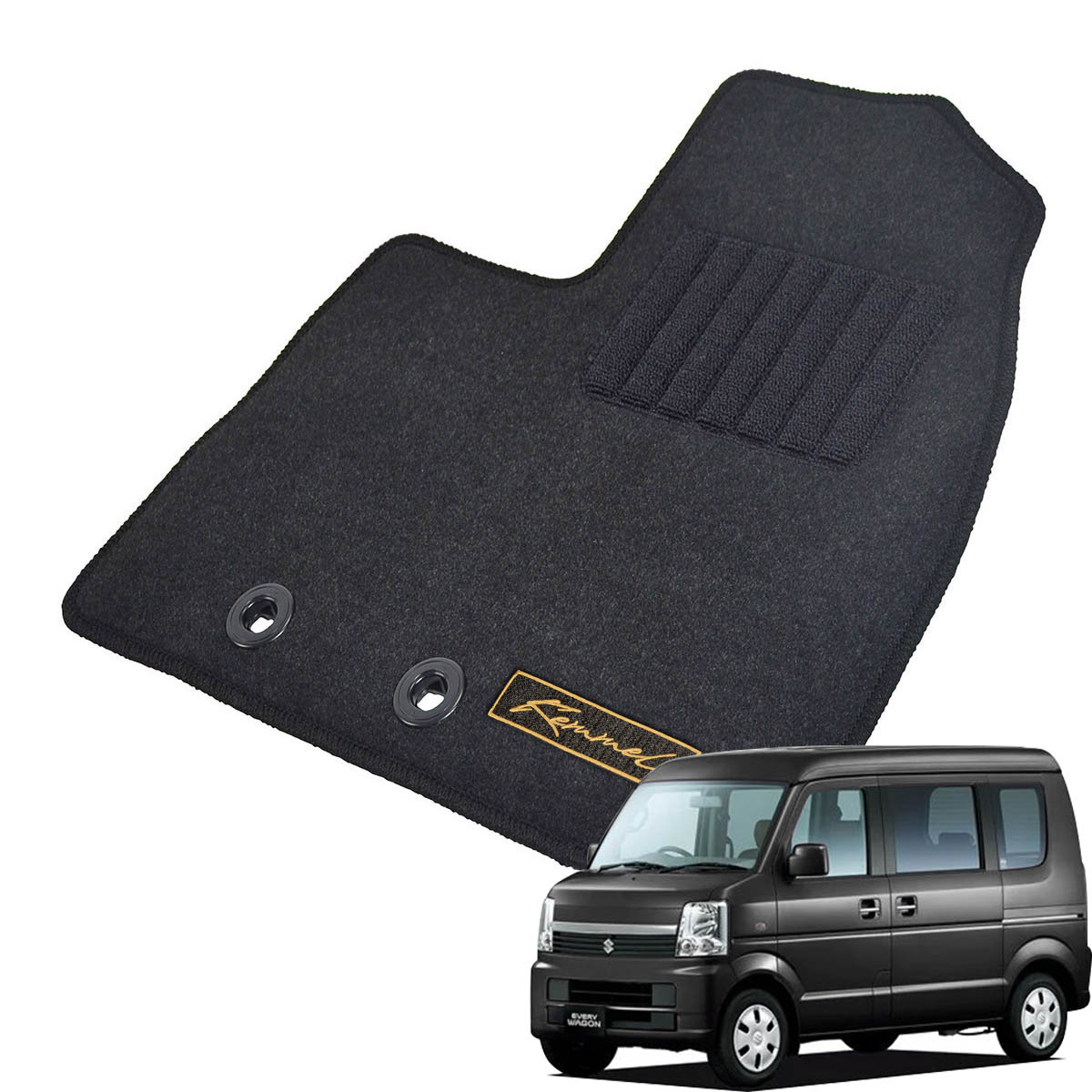 Kemmel スズキ エブリイワゴン H17/8～H27/2用 フロアマット [GX生地/ブラック] [全席セット] [刺繍ロゴ付] カーマット